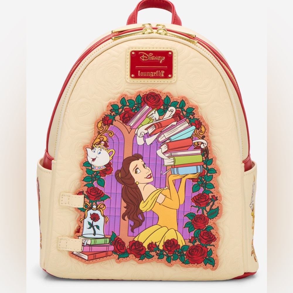 New Loungefly Disney Beauty and the Beast Belle Roses Magnetic Door Backpack